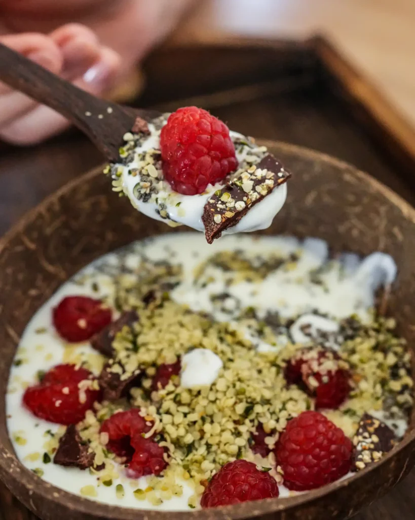 Holzlöffel mit Joghurt, Himbeere, Schokoladenstücken und Hanfsamen über einer Kokosschale