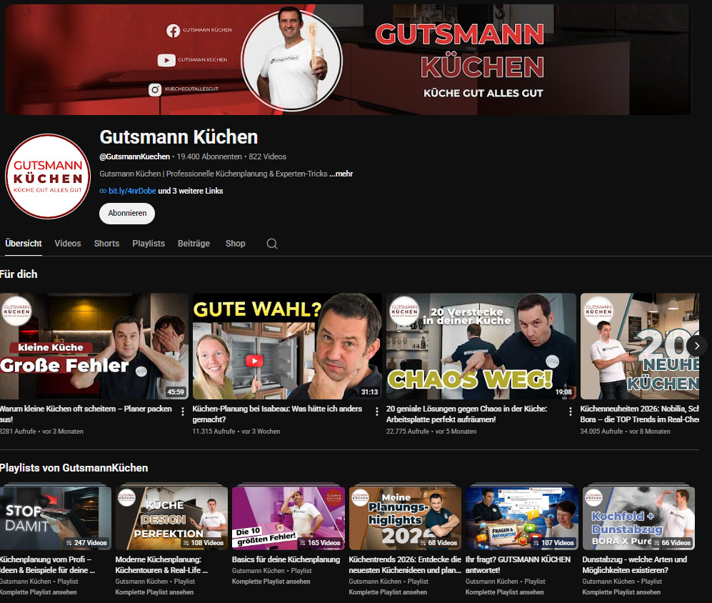 YouTube-Kanal von Gutsmann Küchen aus Bautzen, strategisch aufgebaut und betreut von Blackfire