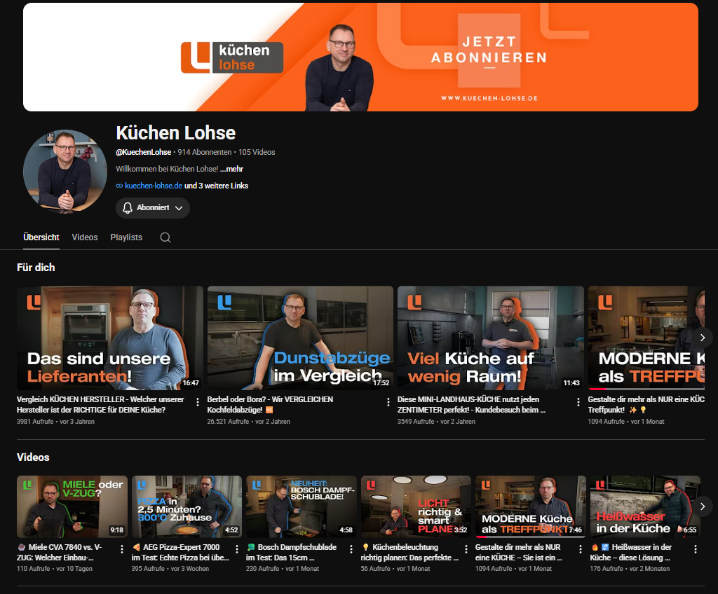YouTube-Kanal von Küchen Lohse, Küchenstudio, aufgebaut und betreut von Blackfire
