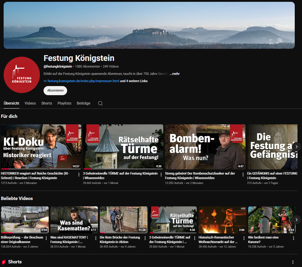 YouTube-Kanal der Festung Königstein in der Sächsischen Schweiz, betreut von Blackfire