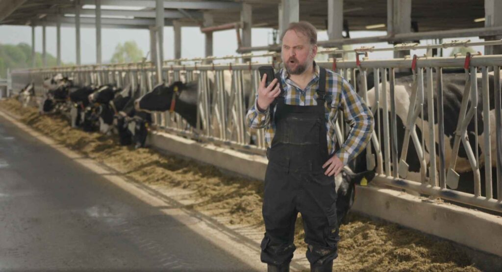 Landwirt mit Smartphone im Kuhstall vor Milchkühen am Fressgitter