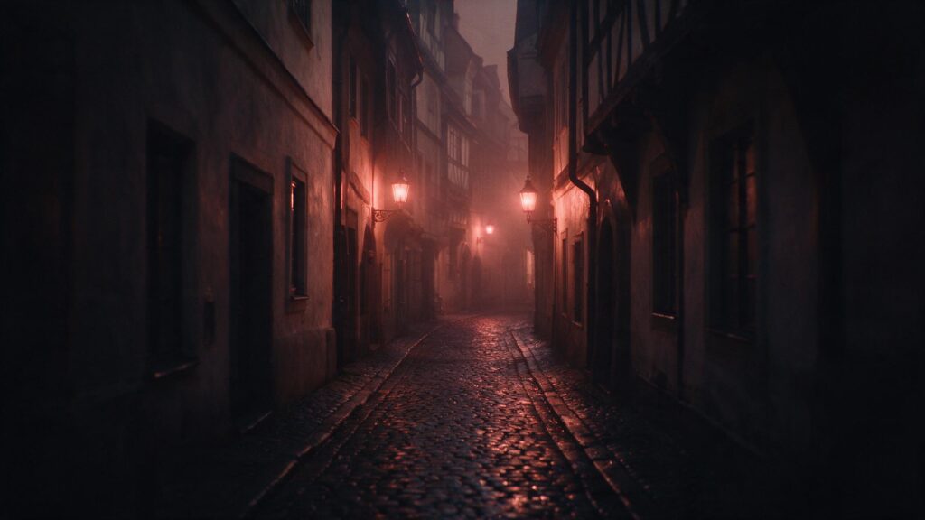 KI-Rekonstruktion einer historischen Altstadtgasse bei Nacht